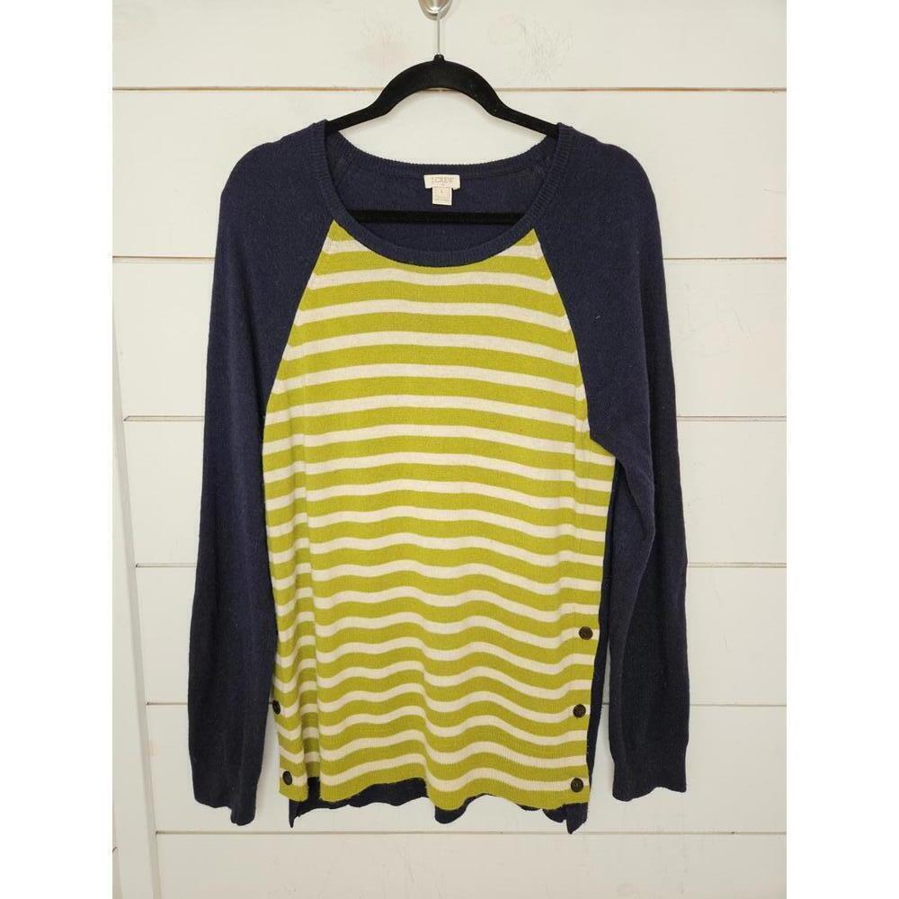 J Crew Large green & cream striped sweater and navy blue sleeves with elbow pads